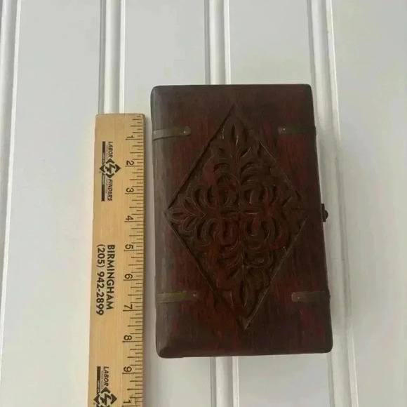 Handcrafted Vintage Wooden Jewelry Box Intricate Brass Accents 9" x 6" Trinket - Picture 14 of 16